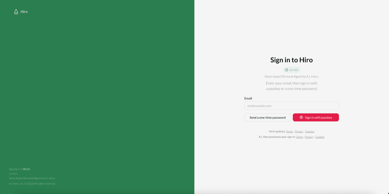 Sign in to Hiro — the Auth identity service at auth.aihero.studio
