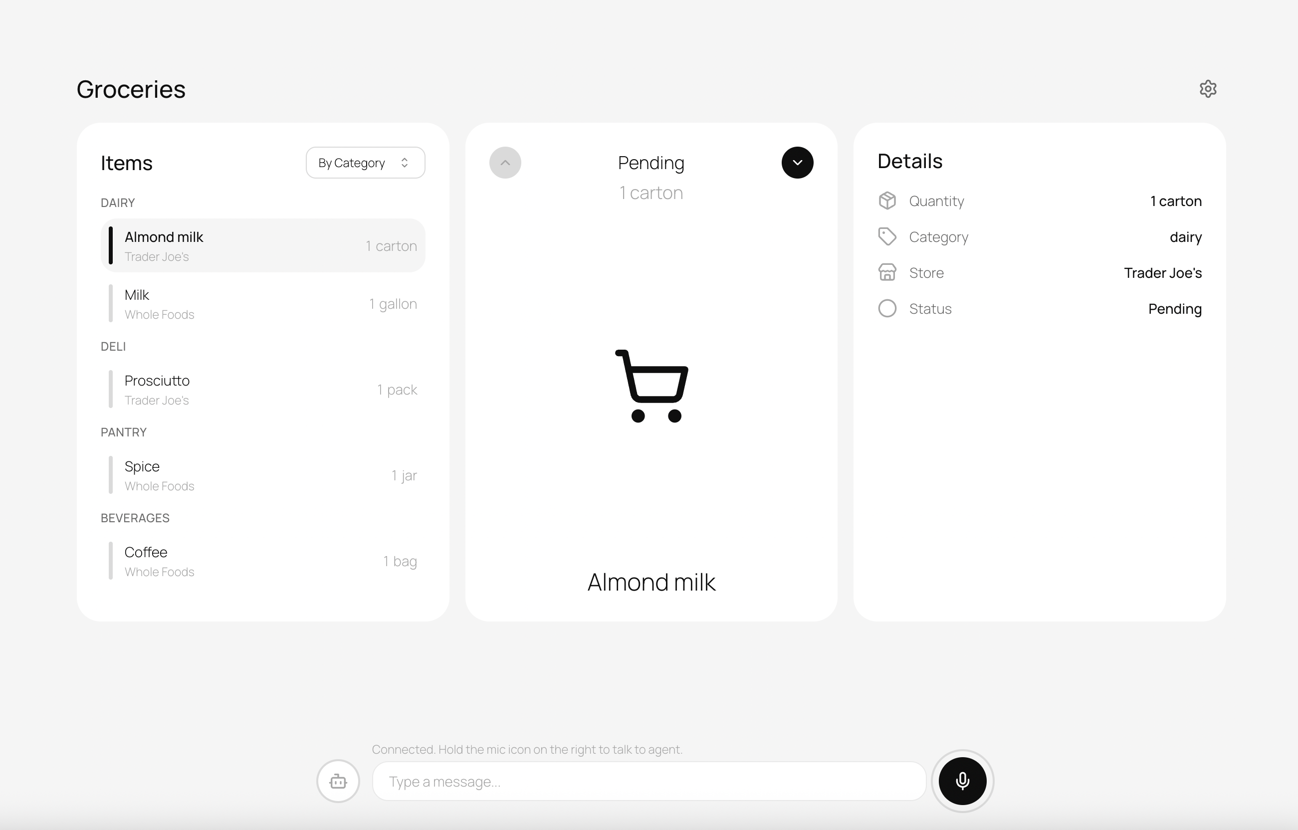 The voice bar in-situ, in the consumer app from our B2C investigation The Voice Bar component showing microphone button, text input, and transcript drawer